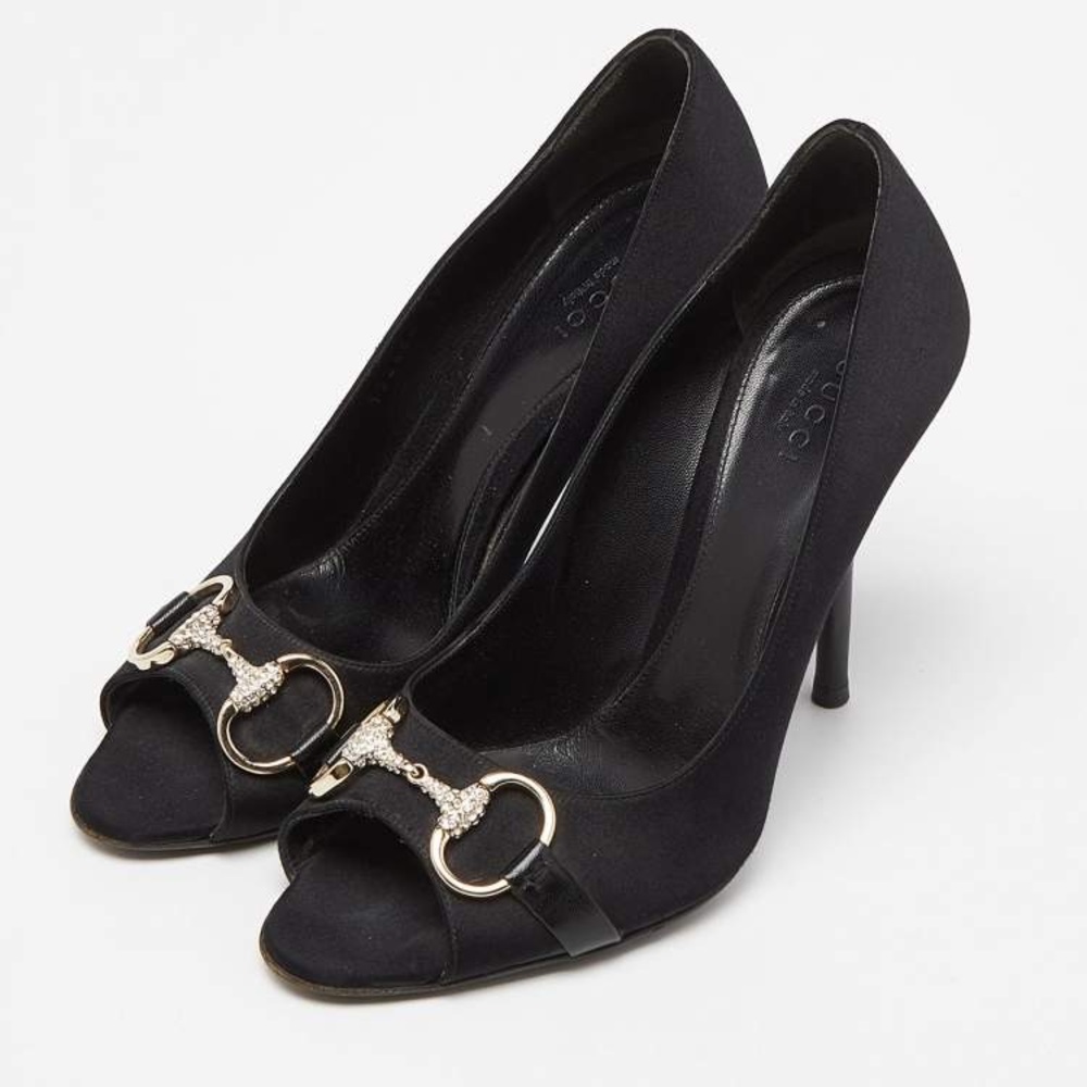 Gucci Black Satin Horsebit Peep Toe Pumps